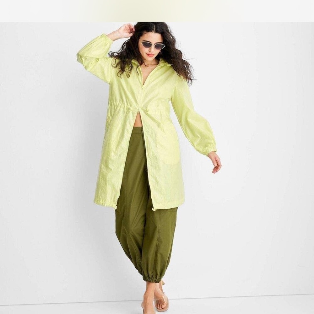 Neon yellow lightweight cinch-waisted jacket with hood